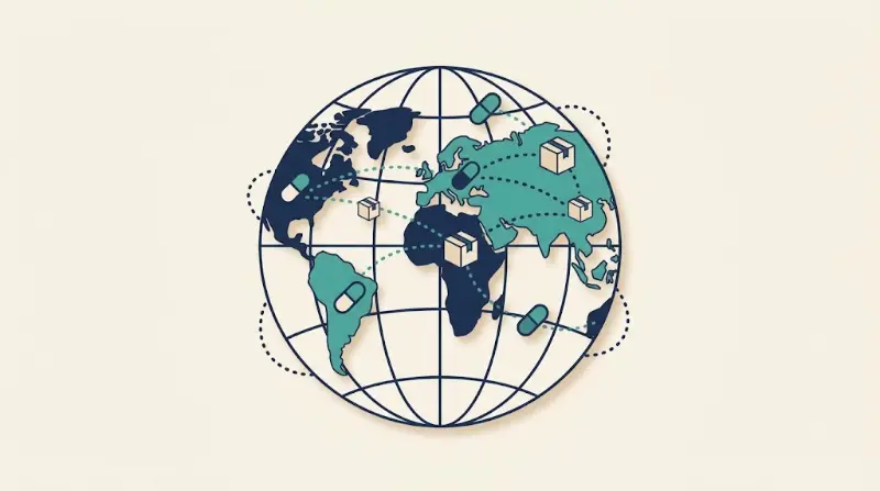 Illustration of a globe with routes linking medicine and shipping icons, representing supplier communication